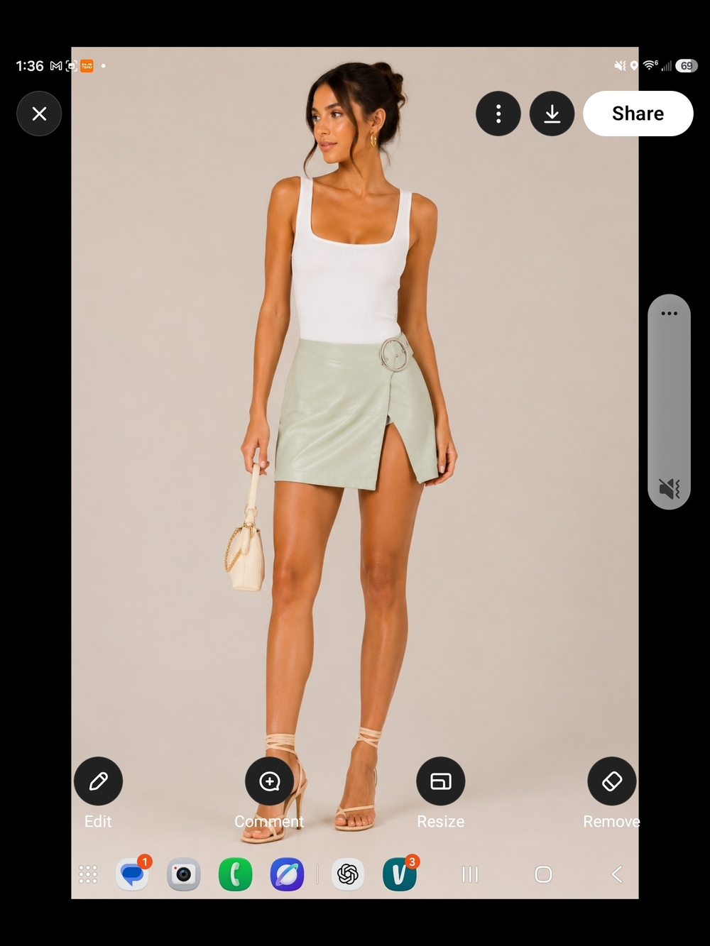 For Love & Lemons Light Sage Faux-Leather Mini Skirt with Side Buckle